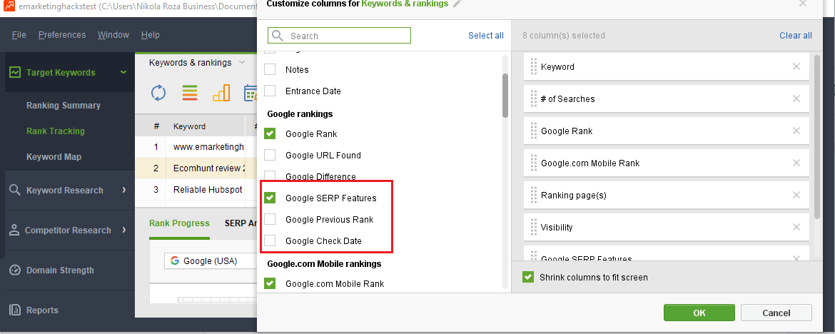 enable-serp-features in SEO PowerSuite