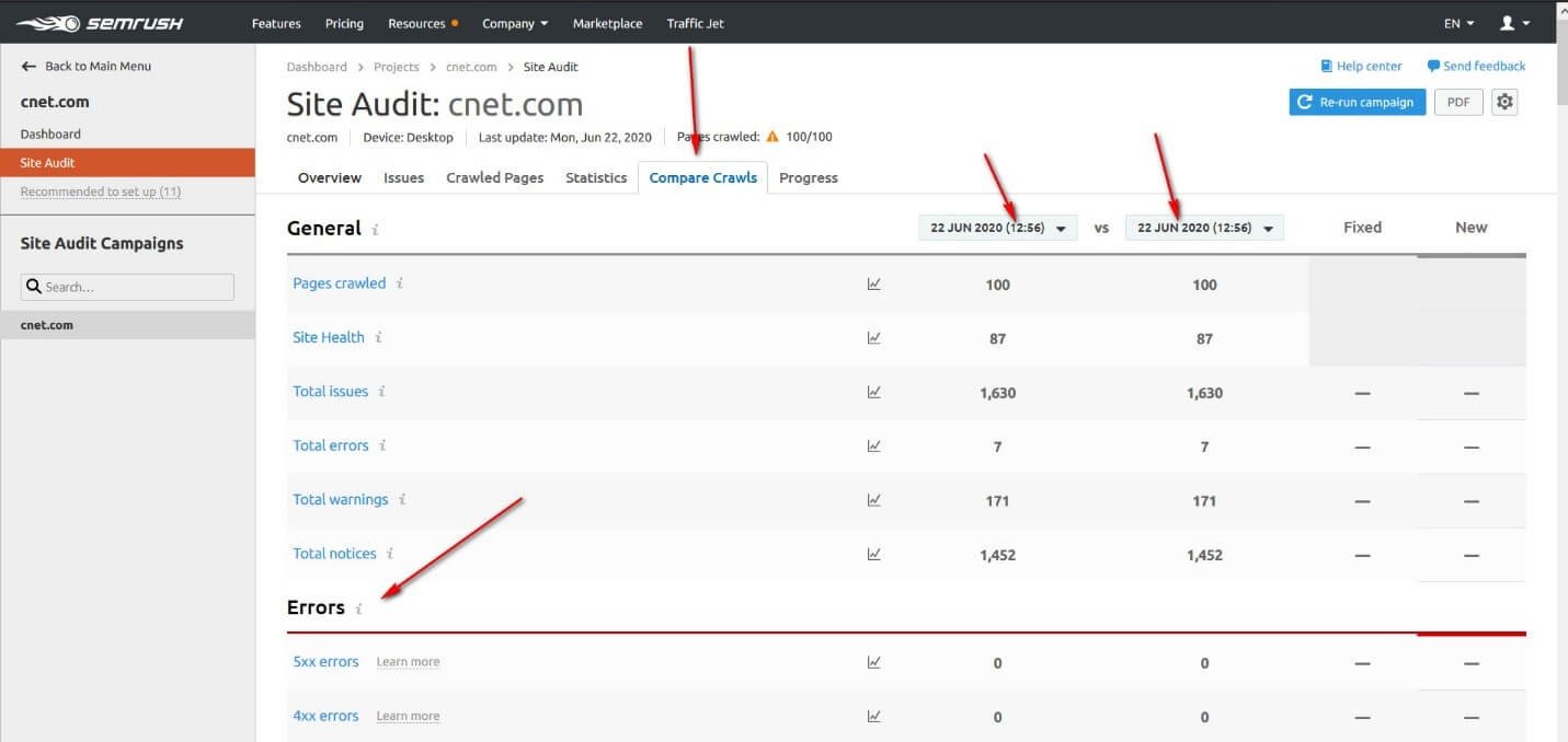 Compare Crawls in Semrush