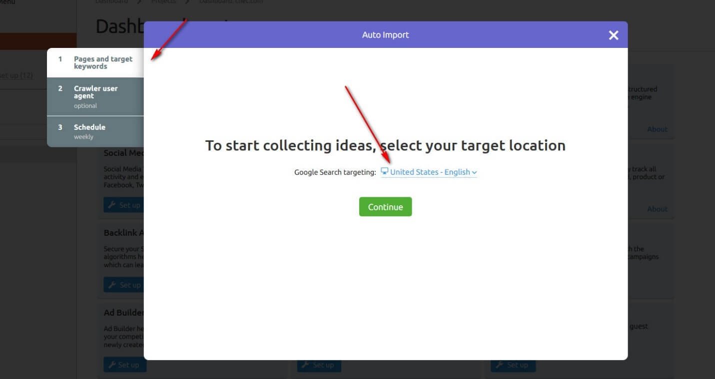 select the location in Semrush 