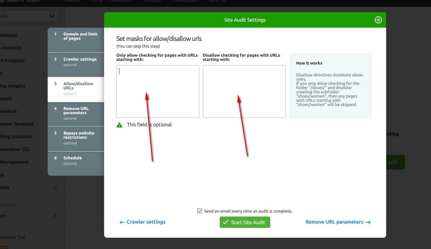 'Allow Disallow URLs Semrush 6