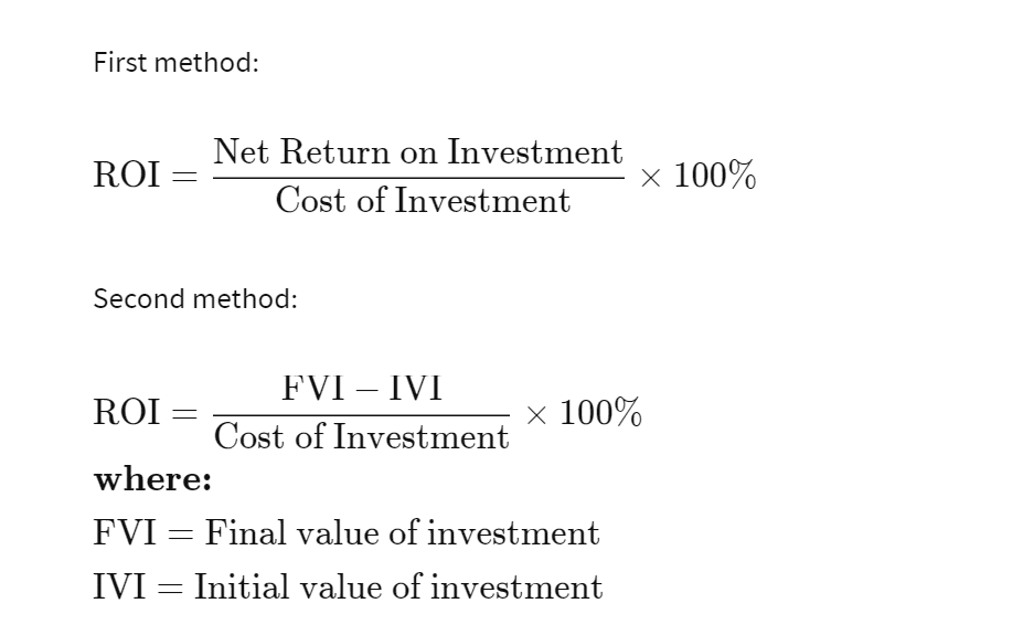 Two formulas for calculating return on investment.