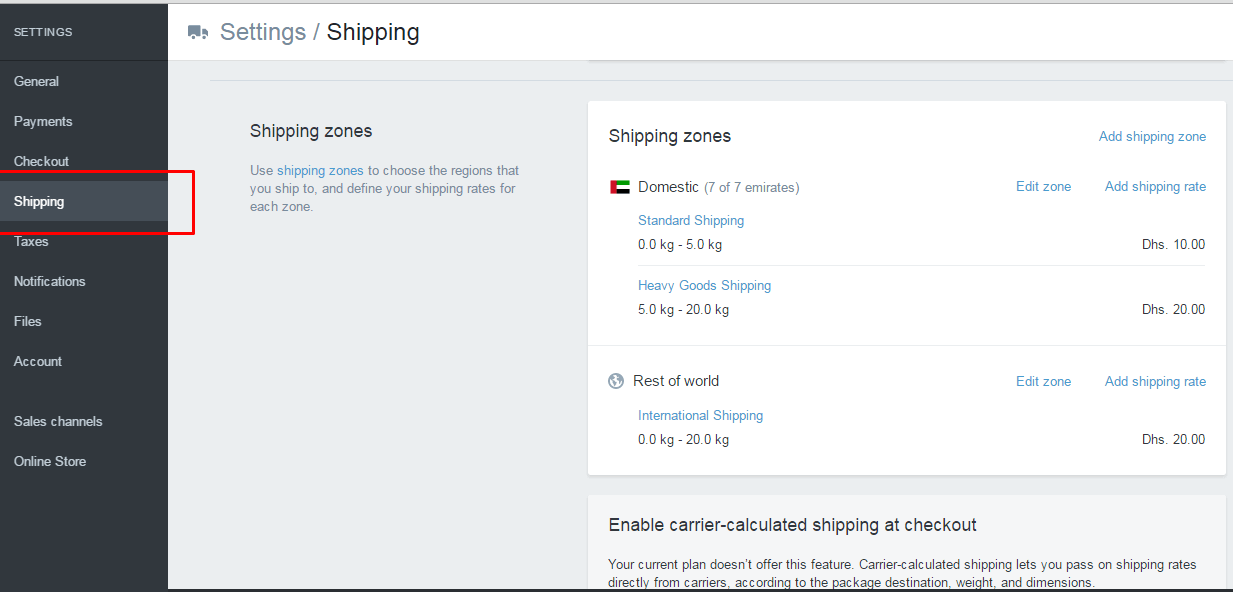 Settings Shipping in shopify
