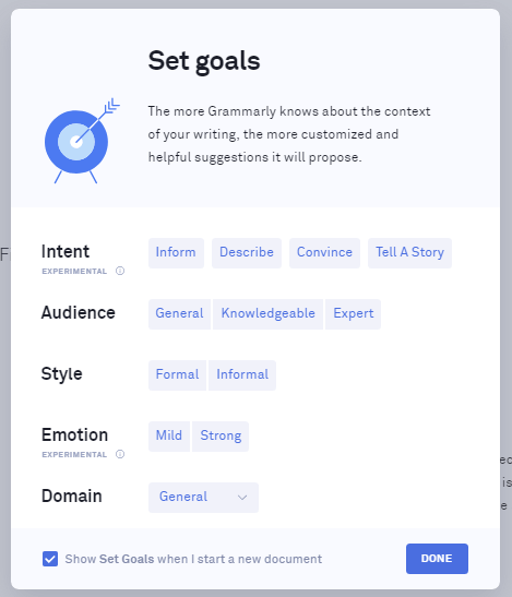 Set Goals in Grammarly page