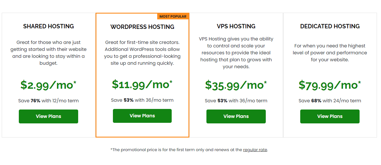 A2 Hosting Pricing Types 