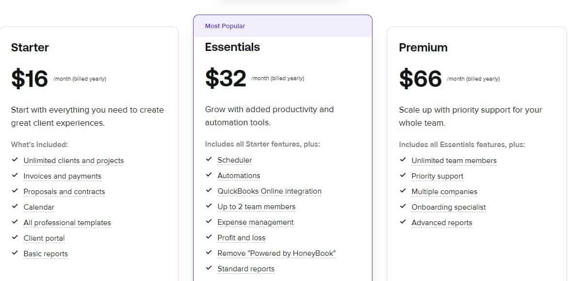 HoneyBook Pricing Structure