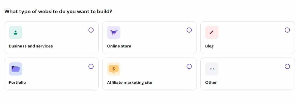hostinger Pick the type of website you want to create.