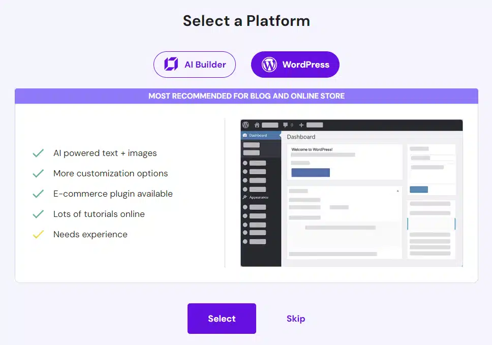 Select Create a New Website and choose WordPress as your platform.